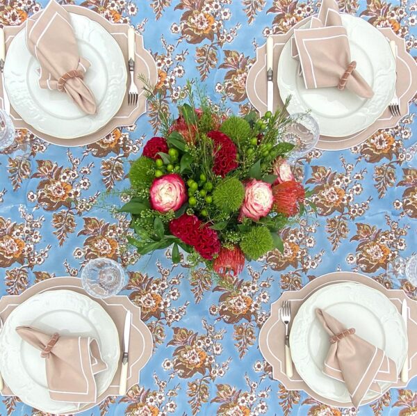 Homes&Seasons - Brown Floral on Blue Tablecloth