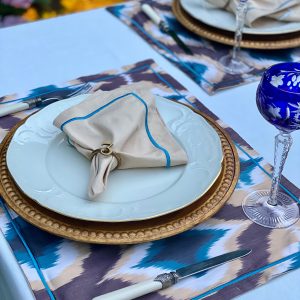 Homes&Seasons - İkat Brown Blue Placemats & Napkins Set of 8 Limited Collection